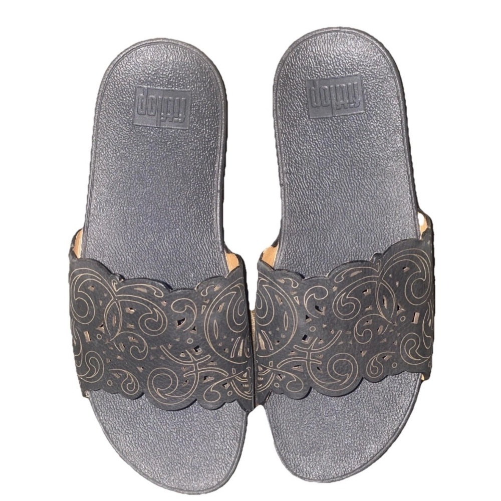 FitFlop Urban Flora Laser-Cut Black Leather Women Slide-On Sandals US 8